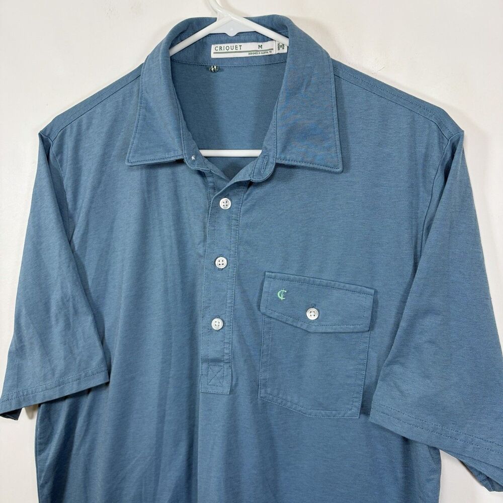 Criquet Polo Shirt Mens Size Medium Blue Embroidered Pocket Logo Short Sleeve